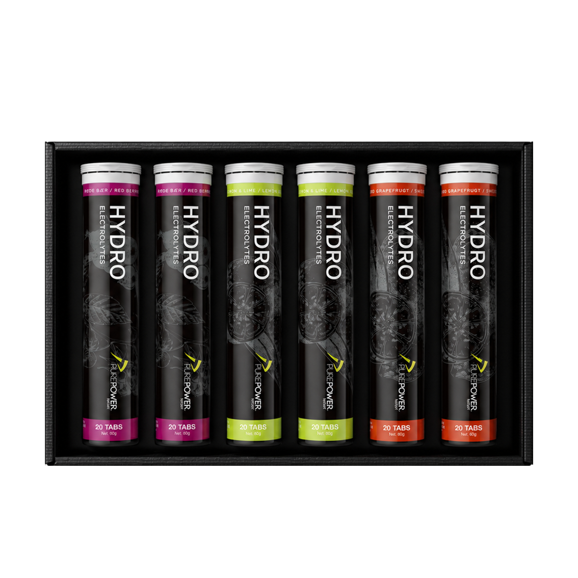 PurePower Hydro Summer Pack med seks rør elektrolyttabletter i tre smage