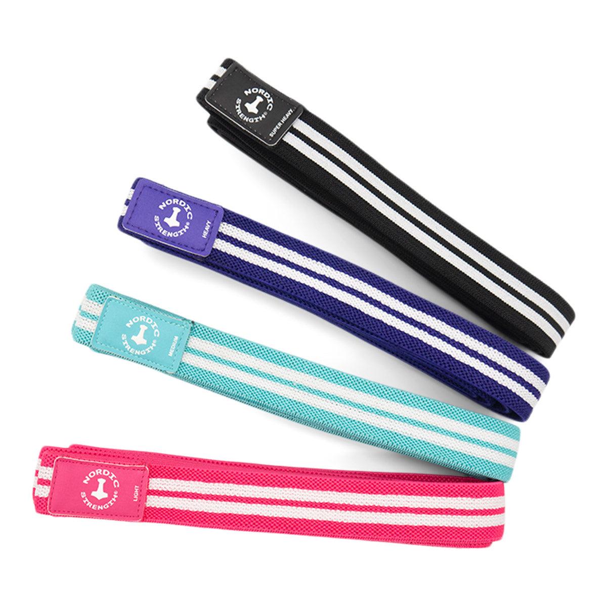 Strength band 4-pack bomuld elastan i fire modstandsniveauer til træning og genoptræning