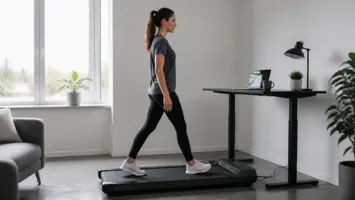 Gåbånd under hævesænkebord på hjemmekontor