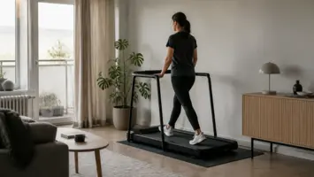 Sammenklappeligt løbebånd opstillet i en lys stue derhjemme
