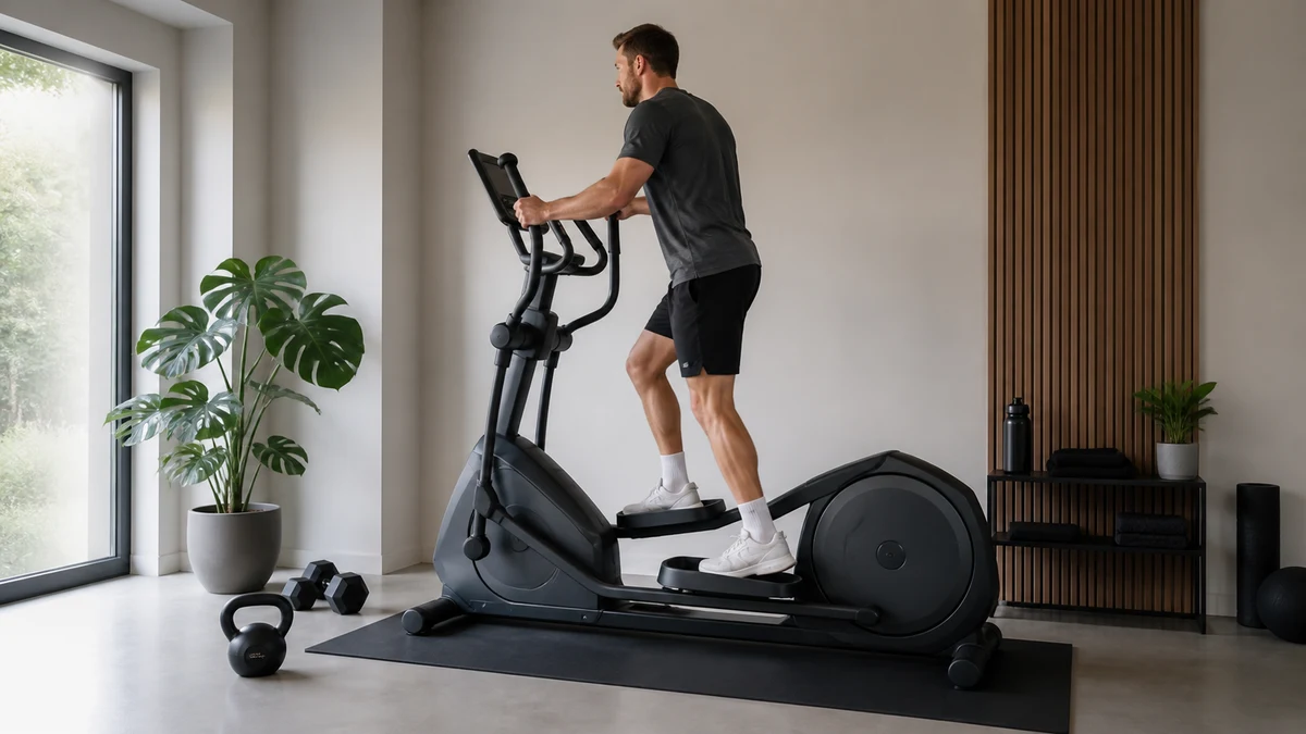 Crosstrainer i hjemmetræningsrum med dagslys